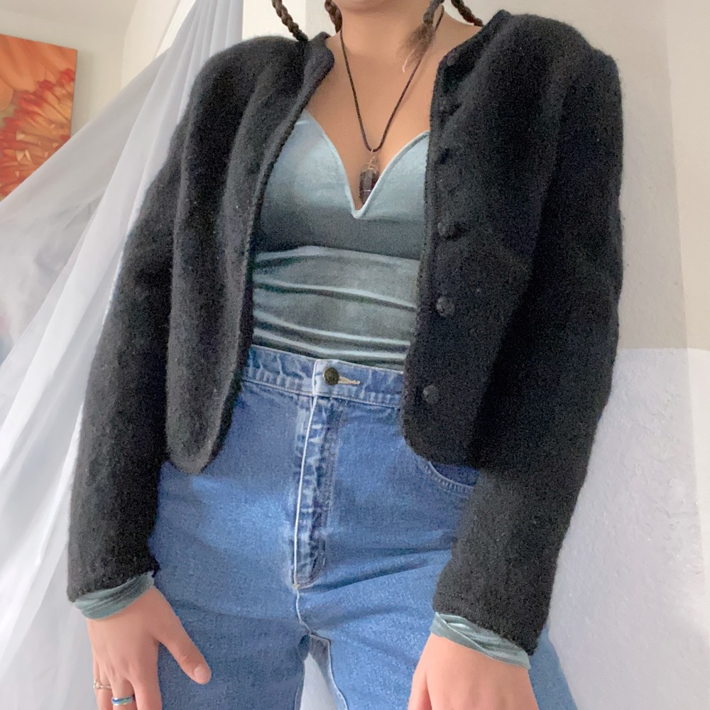 black wool button up teddy jacket